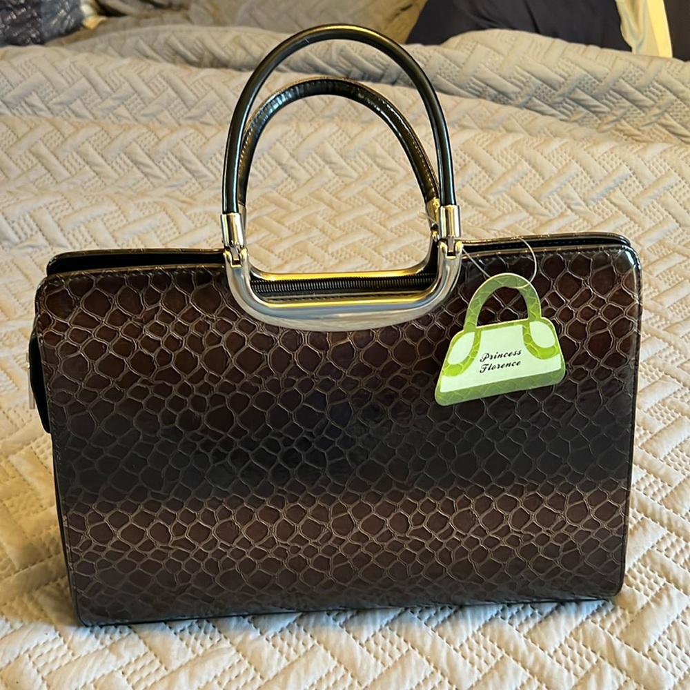 Brown Croc-Embossed Patent Leather Handbag